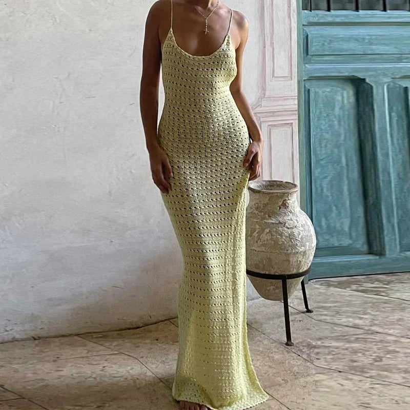 Crochet Knit Spaghetti Strap Scoop Neck Bodycon Maxi Dress - View 5