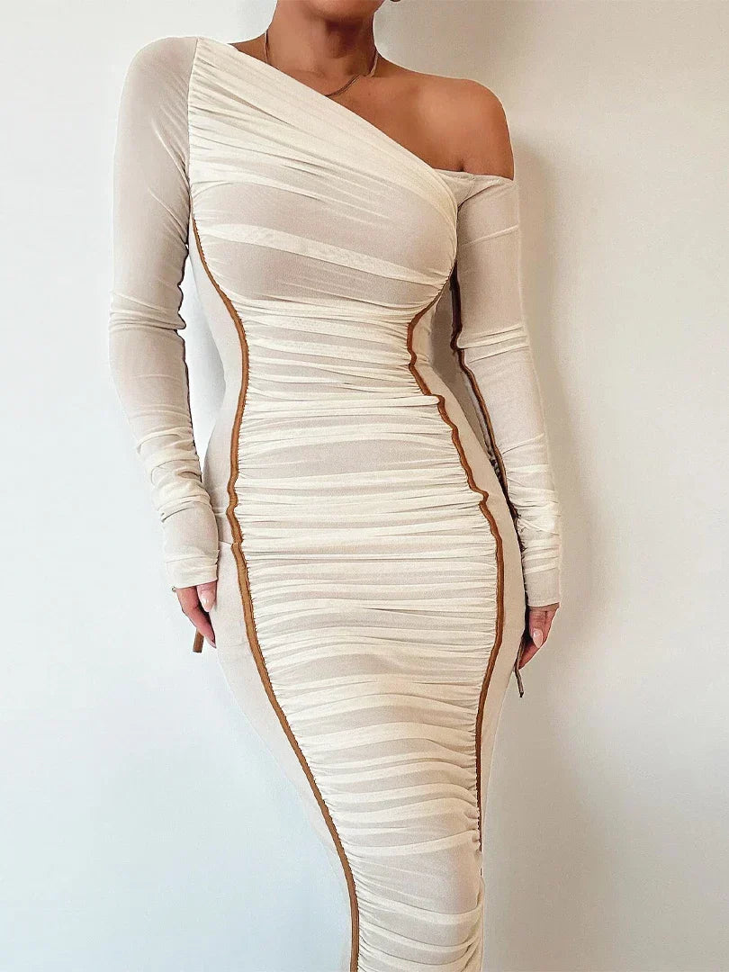 Diagonal Collar Draped Mesh Maxi Dress in Brown - View 6
