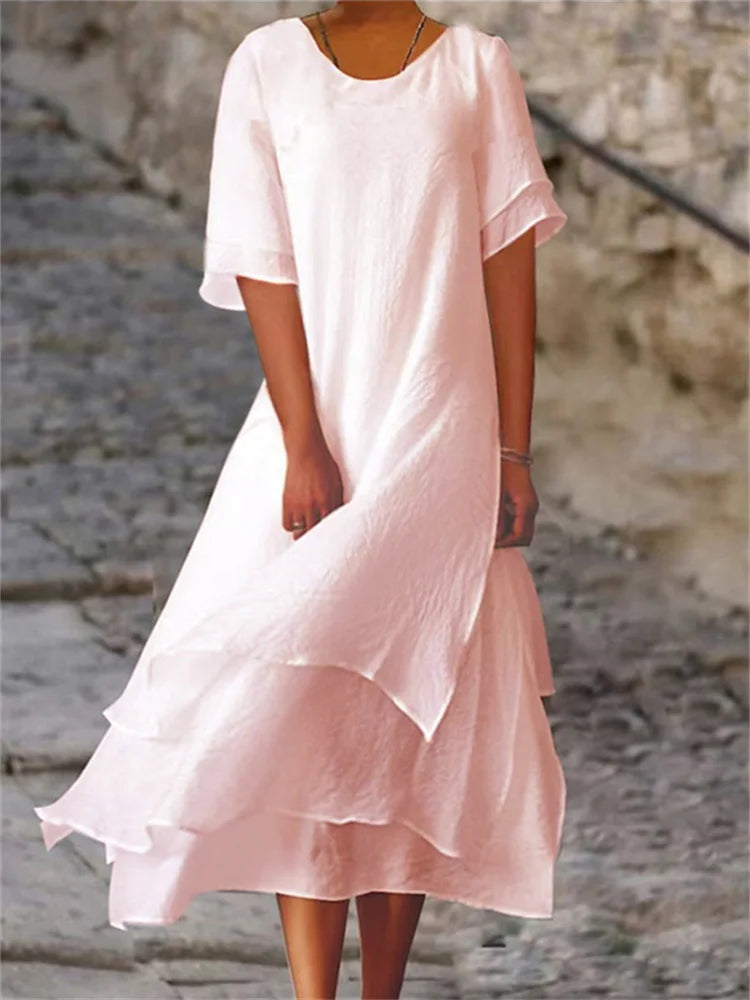 Round Neck Short Sleeve Layered Asymmetric Tiered Hem Midi Dress