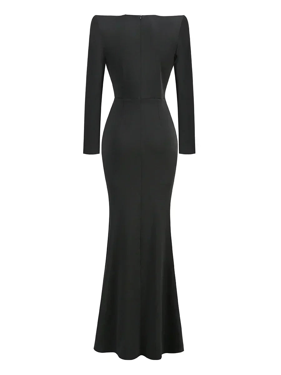 Rhinestone Deep V-Neck Long Sleeve Ruched Waist Column Maxi Gown - View 5