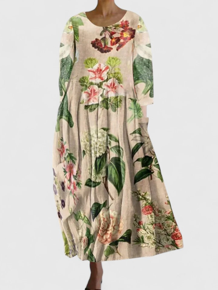 Floral Round Neck Pleated Pocket Maxi Dress 2