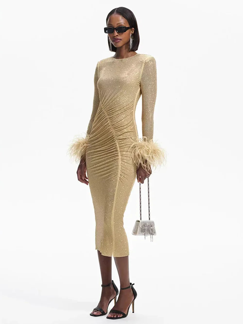 Long Sleeve Feathers Rhinestone Midi Dress - View 2