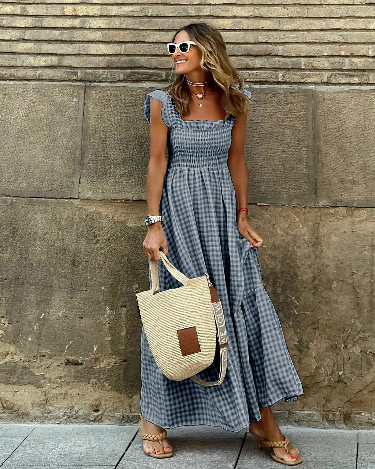 Gingham Square Neck Smocked Ruffle Strap Tiered Maxi Dress 7