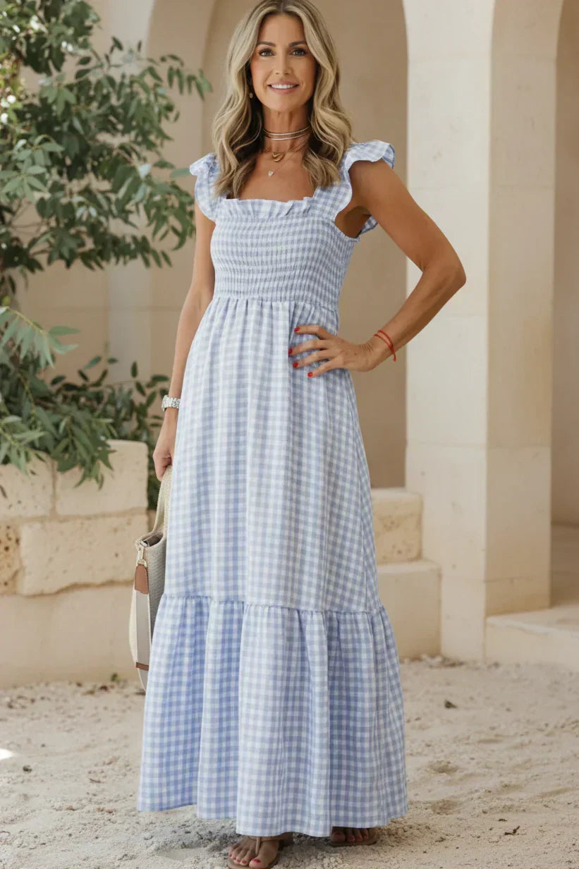 Gingham Square Neck Smocked Ruffle Strap Tiered Maxi Dress