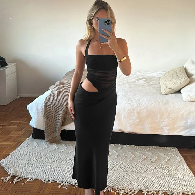 Mesh Halter Neck Backless Ruched Bodycon Maxi Dress - View 7