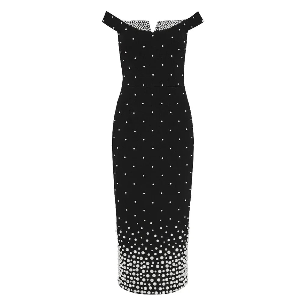 Pearl Trim Off Shoulder V Notch Beaded Gradient Hem Bodycon Midi Dress - View 6