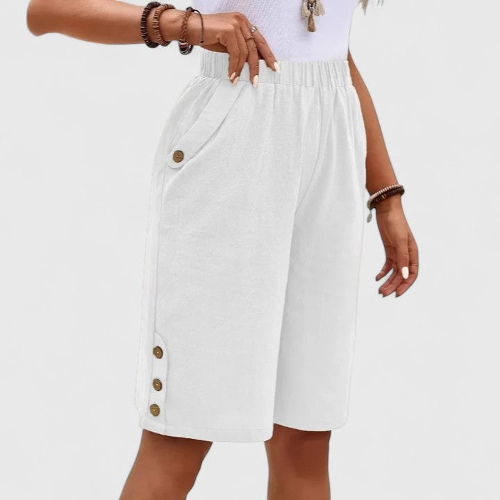 High Waist Side Button Knee Length Shorts