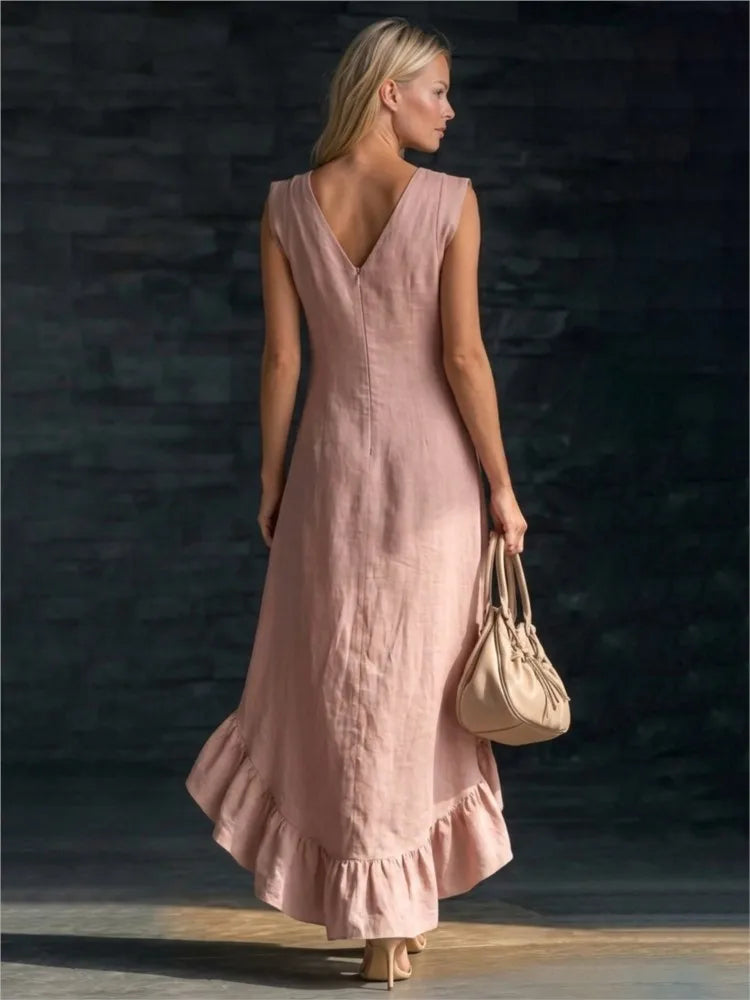 V-Neck Sleeveless Ruffle Hem High Low Maxi Dress 2