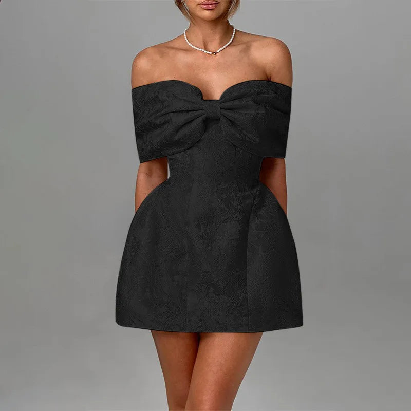 Bow Off Shoulder Backless A - line Jacquard Party Dress - View 9
