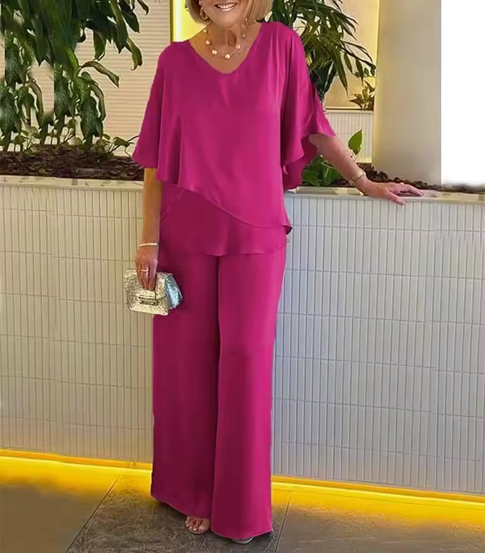 V-Neck Cape Overlay Top and Wide Leg Pants Two Piece Set 5