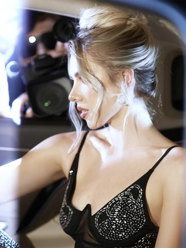 Rhinestone Mesh Spaghetti Strap V-Neck Corset Bodycon Maxi Gown - View 3