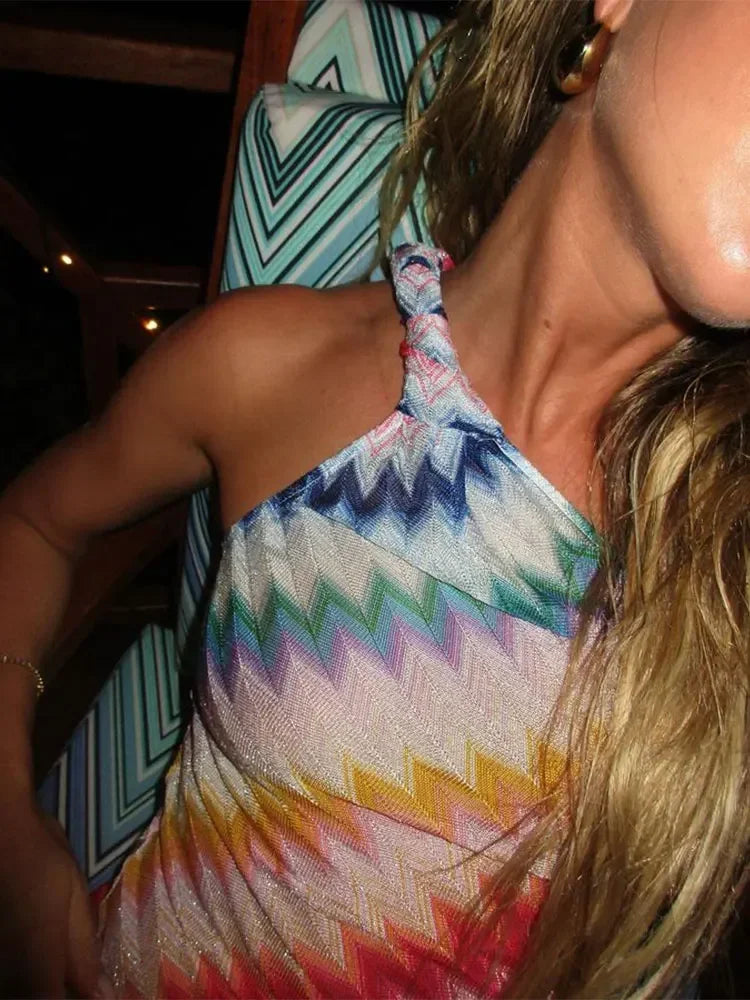 One Shoulder Chevron Crochet Knit Ruched High Split Bodycon Maxi Dress - View 5