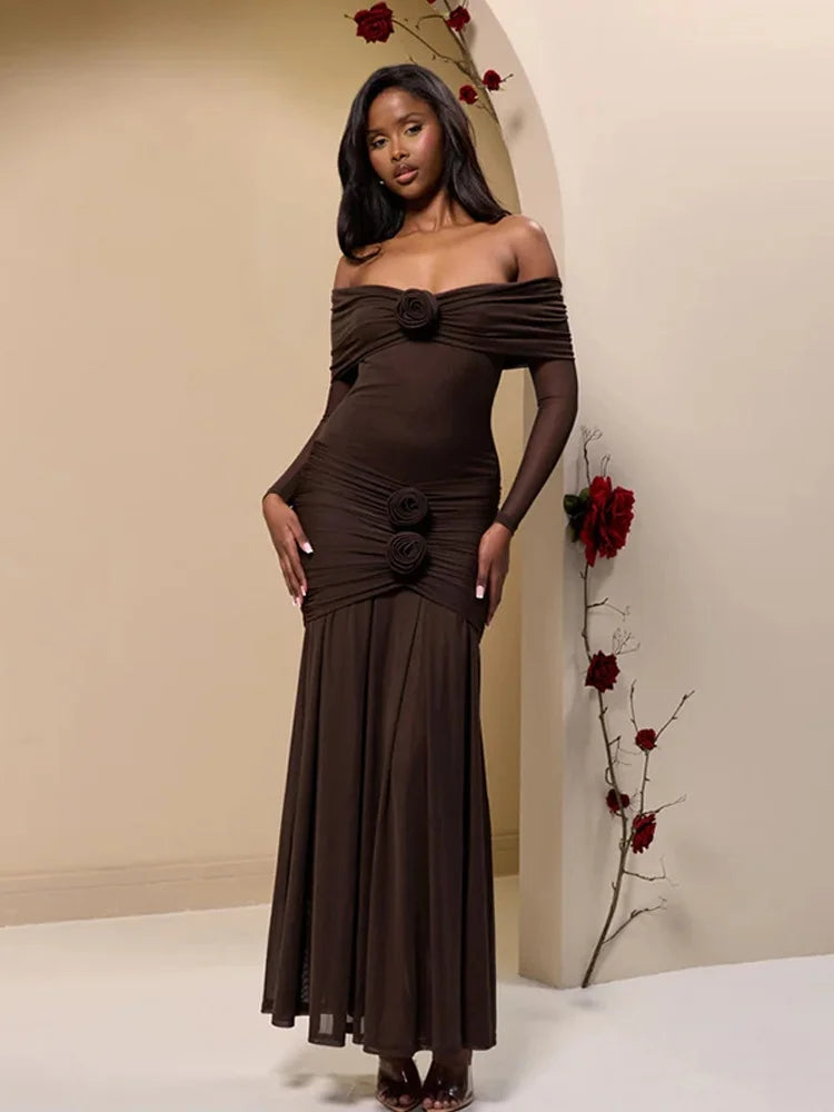Off Shoulder Long Sleeve Rosette Mermaid Gown - View 17