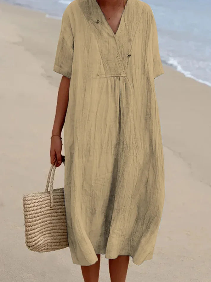 Split Neck Short Sleeve Linen Look Maxi Dress 11