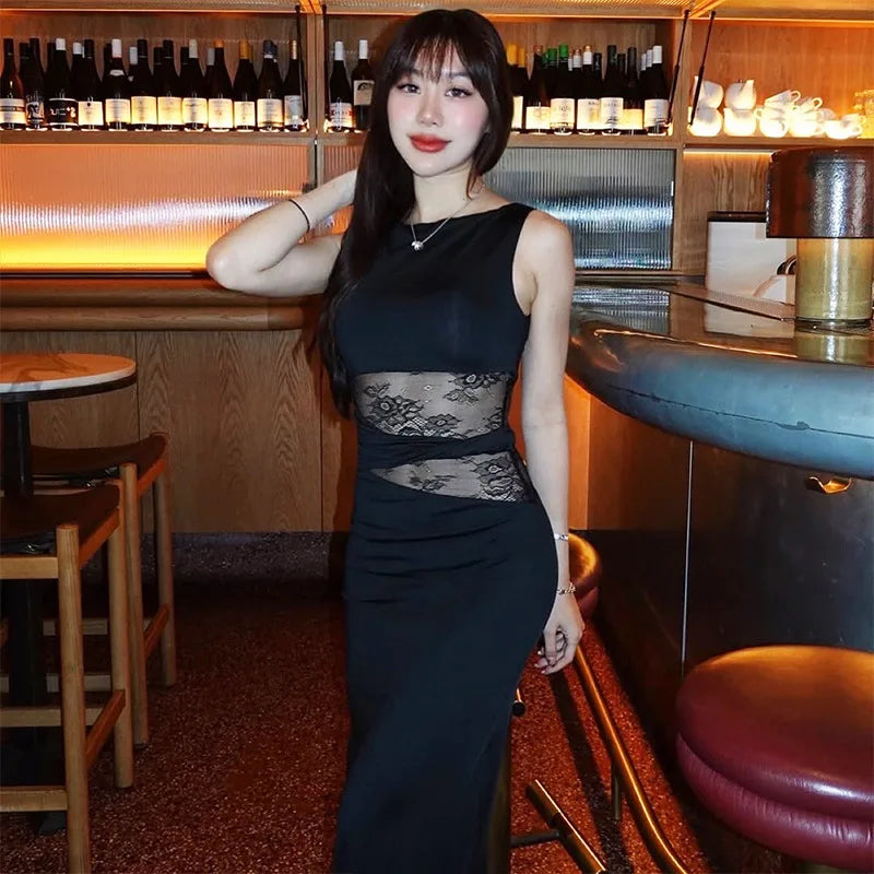 Sheer Lace O Neck Bodycon Long Tank Dress - View 17