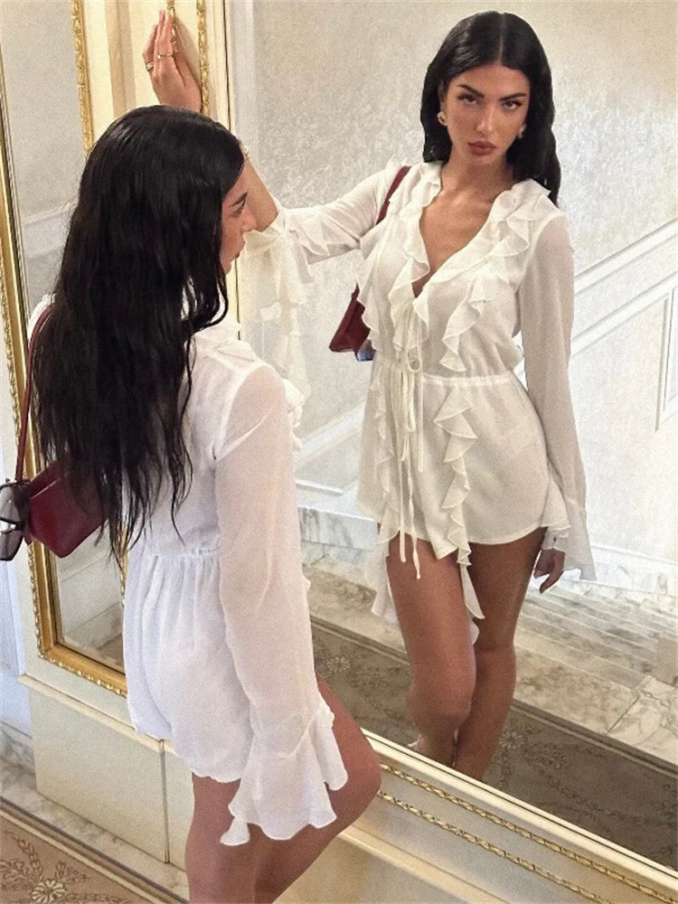 Chiffon Deep V-Neck Long Sleeve Ruffle Lace Up Mini Dress - View 5