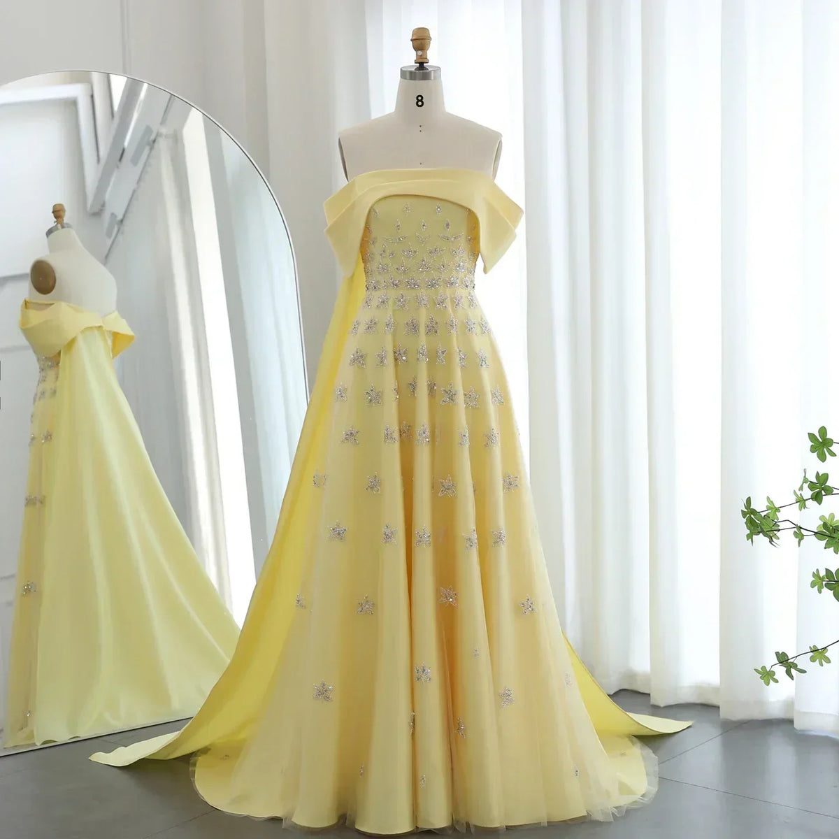 Off Shoulder Rhinestone Floral Beaded Tulle Cape A-Line Maxi Gown - View 4