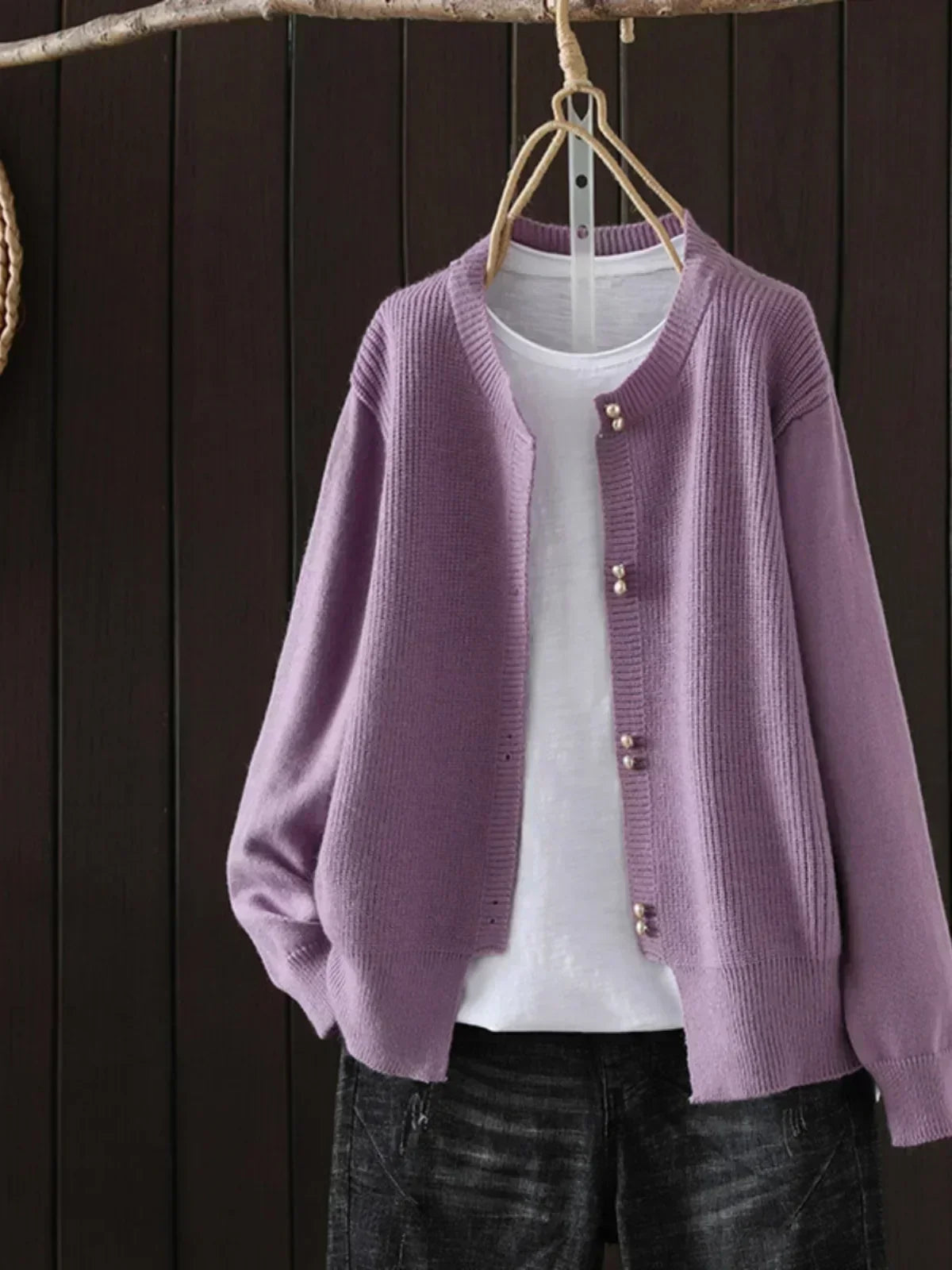 Crew Neck Button Front Ribbed Knit Cardigan 4