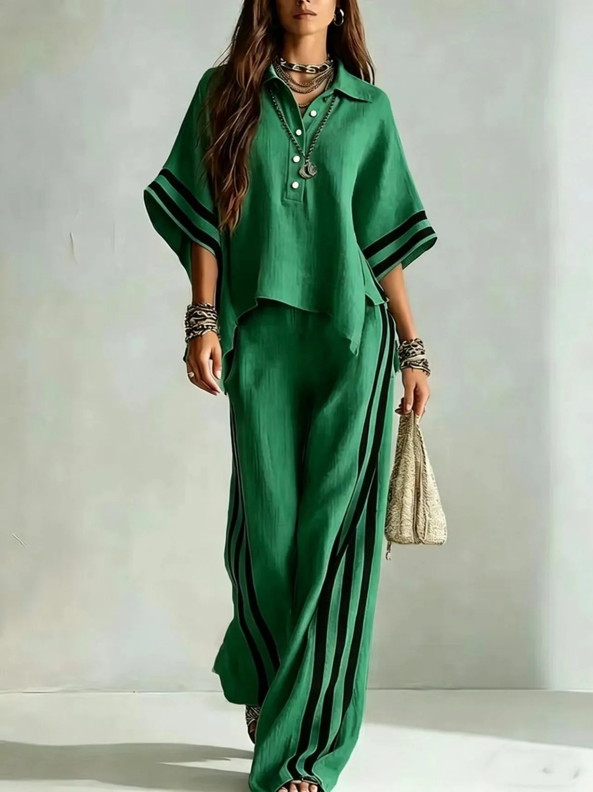Collared Short Sleeve Top and Side Stripe Wide Leg Pants Two Piece Set 4