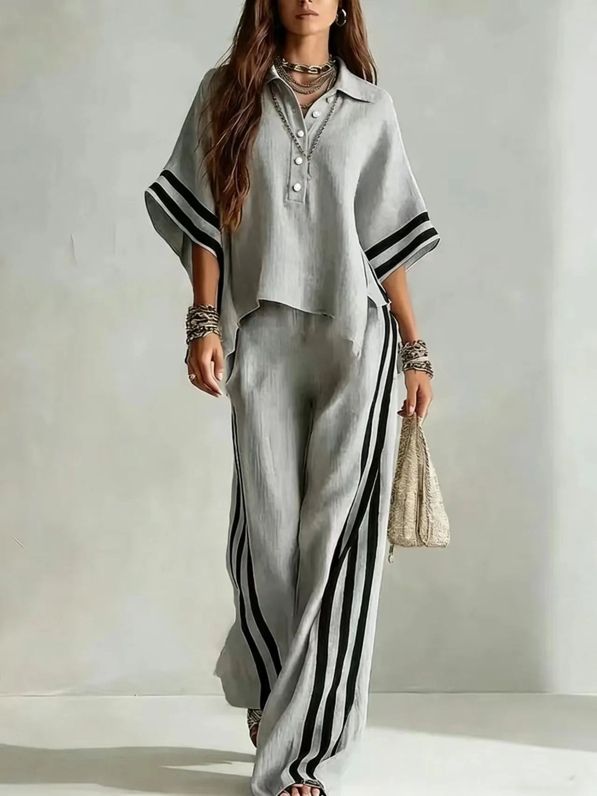 Collared Short Sleeve Top and Side Stripe Wide Leg Pants Two Piece Set 5