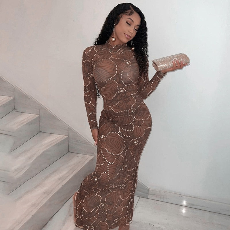 Crew Neck Long Sleeve Rhinestone Mesh Bodycon Maxi Dress 2