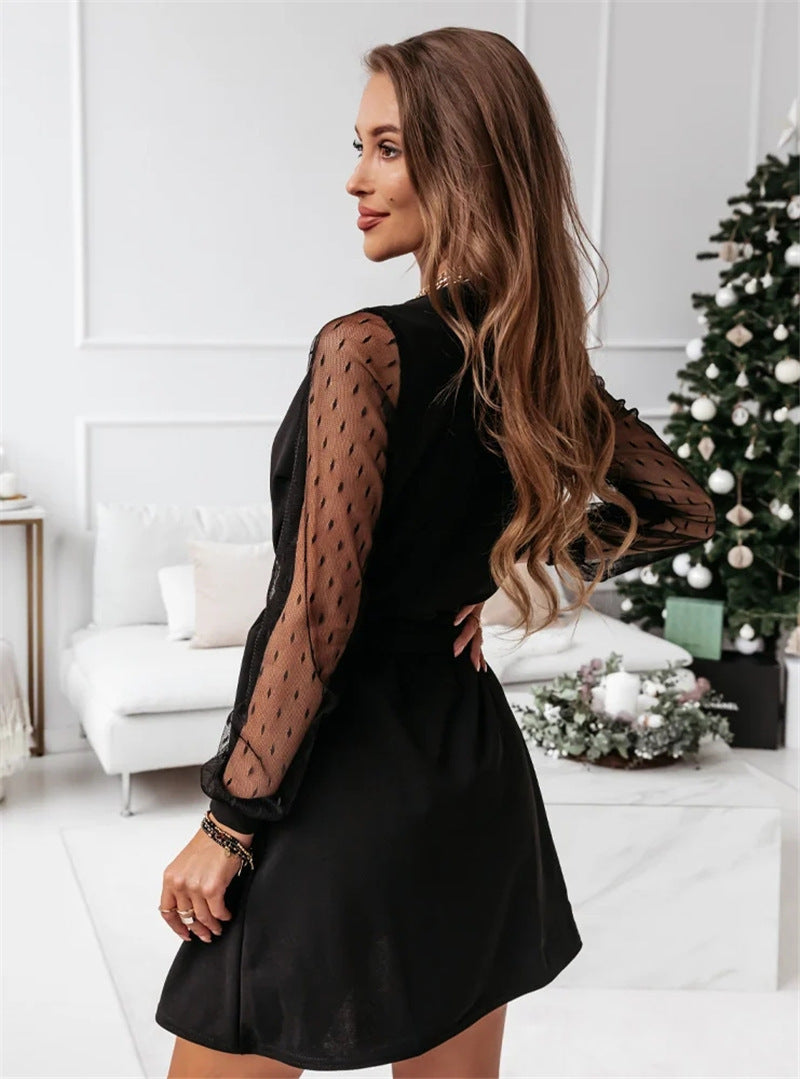 Mesh Long Sleeve Wrap Tie Waist Mini Party Dress - View 4