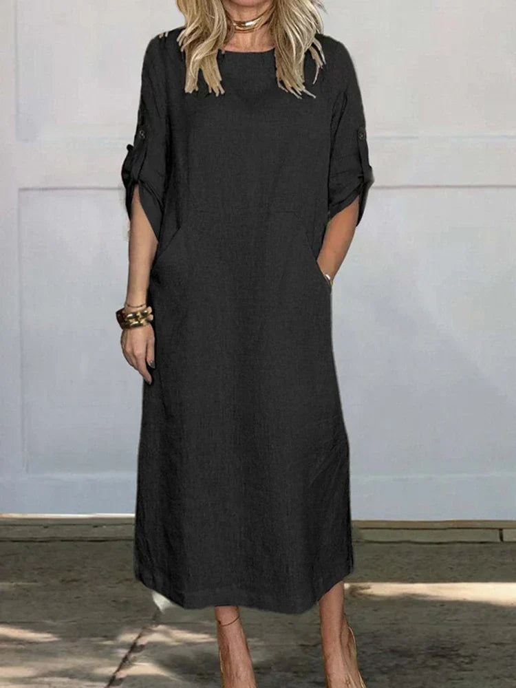 Crew Neck Short Sleeve Rolled Tab Pocket Shift Midi Summer Dress - View 3