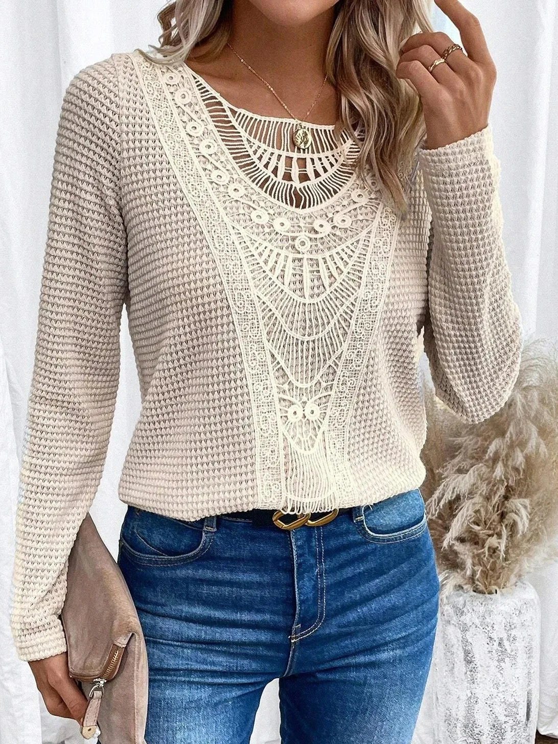 Crochet Lace Panel Round Neck Waffle Knit Long Sleeve Top