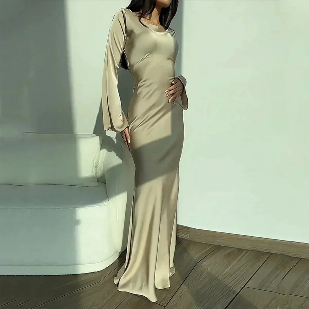 Satin Boat Neck Bell Cuff Long Sleeve Column Maxi Gown - View 2