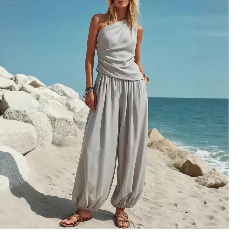 One Shoulder Ruched Top and Balloon Leg Pants Two Piece Set