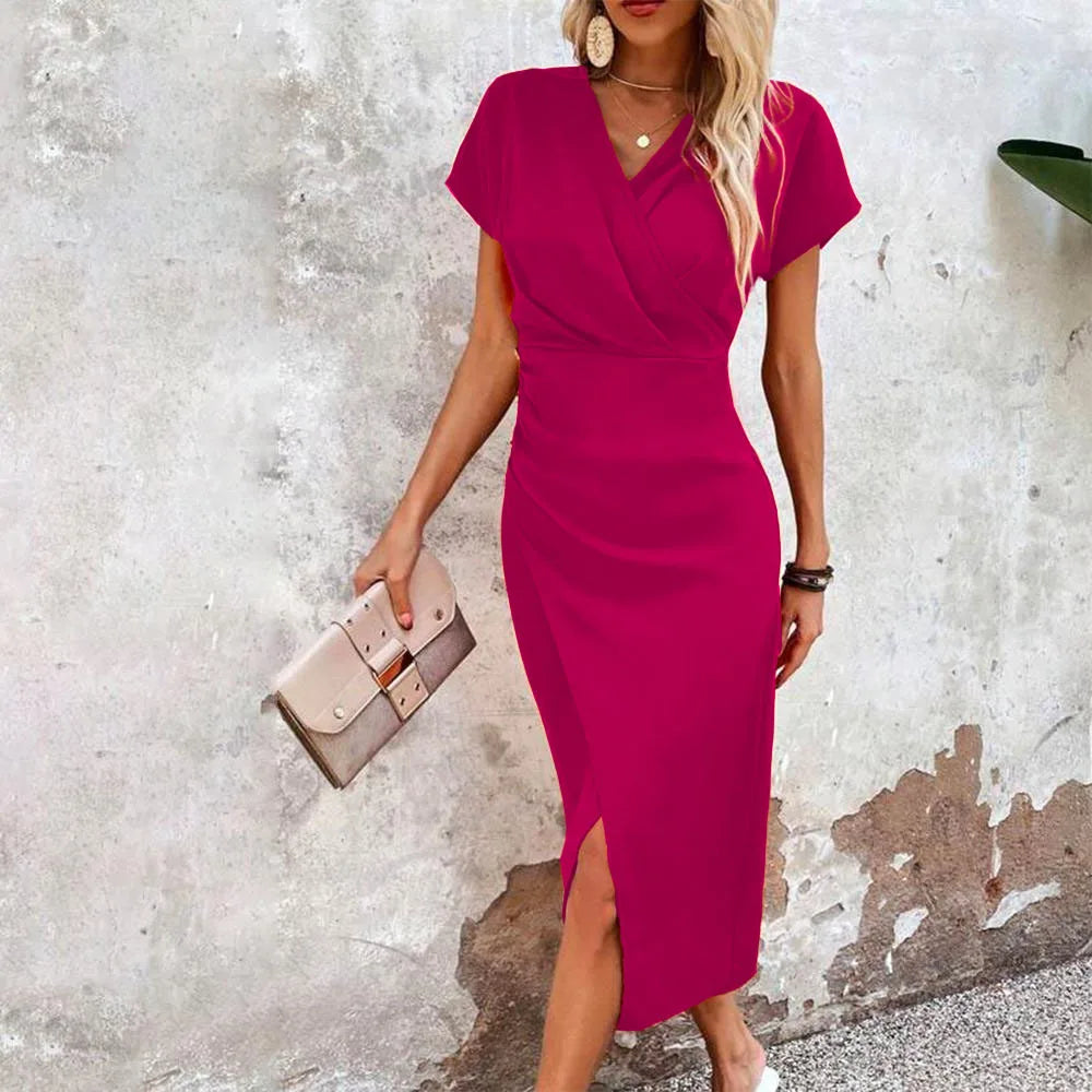 V-Neck Short Sleeve Ruched Wrap Front High Split Midi Dress - View 4
