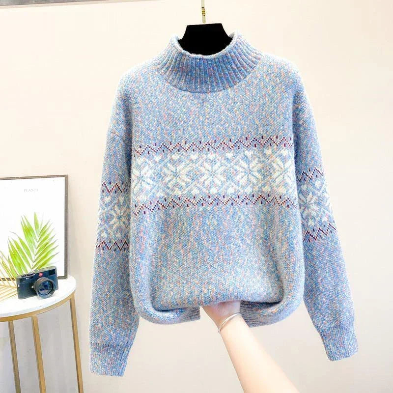 Mock Neck Snowflake Fair Isle Knit Sweater