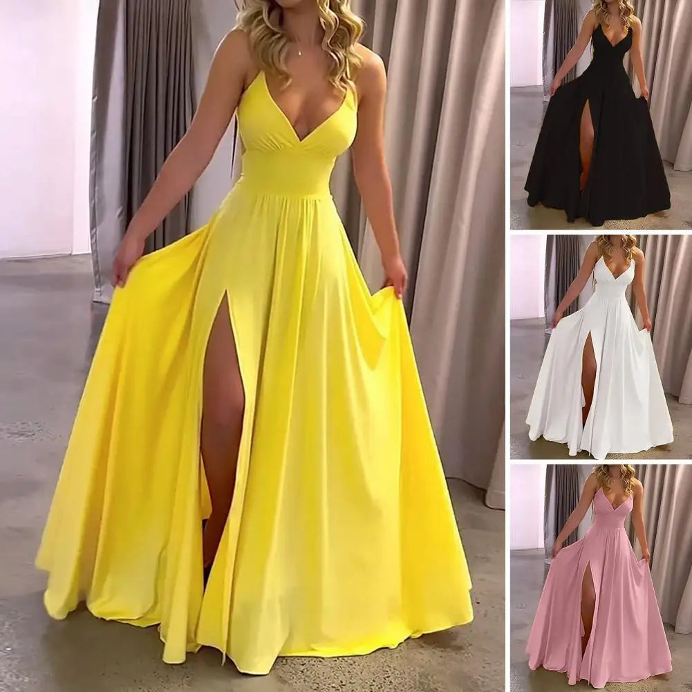 Spaghetti Strap Deep V-Neck High Split A-Line Maxi Dress - View 5