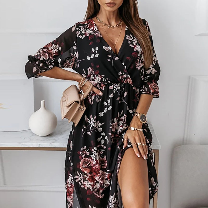 Marble Print Deep V-Neck Bishop Sleeve High Split Wrap Maxi Dress - View 6