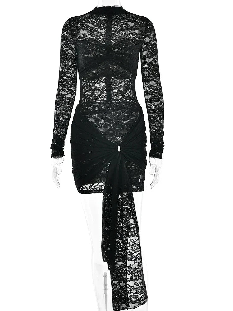 Lace Long Sleeve High Neck Ruched Bodycon Mini Dress - View 6