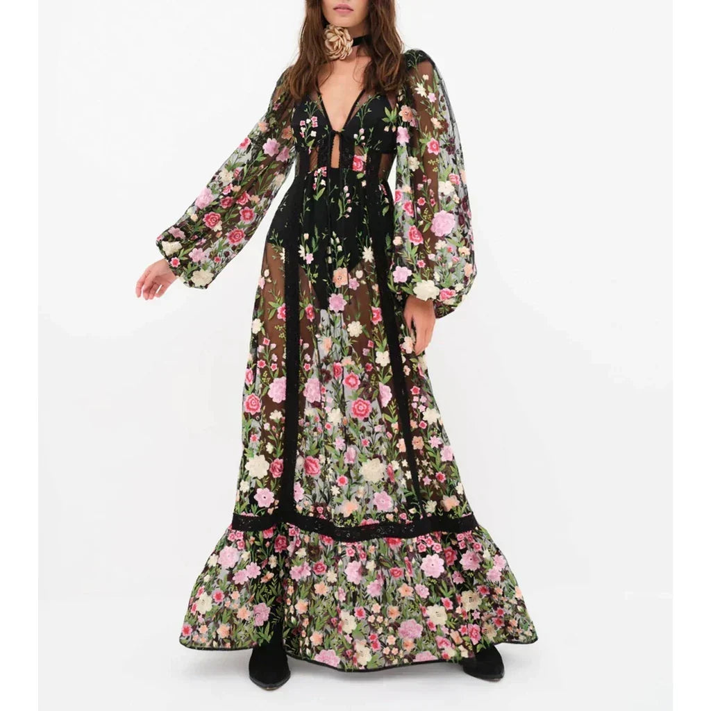 Floral Embroidery Mesh Bishop Sleeve Deep V-Neck Maxi Gown - View 4