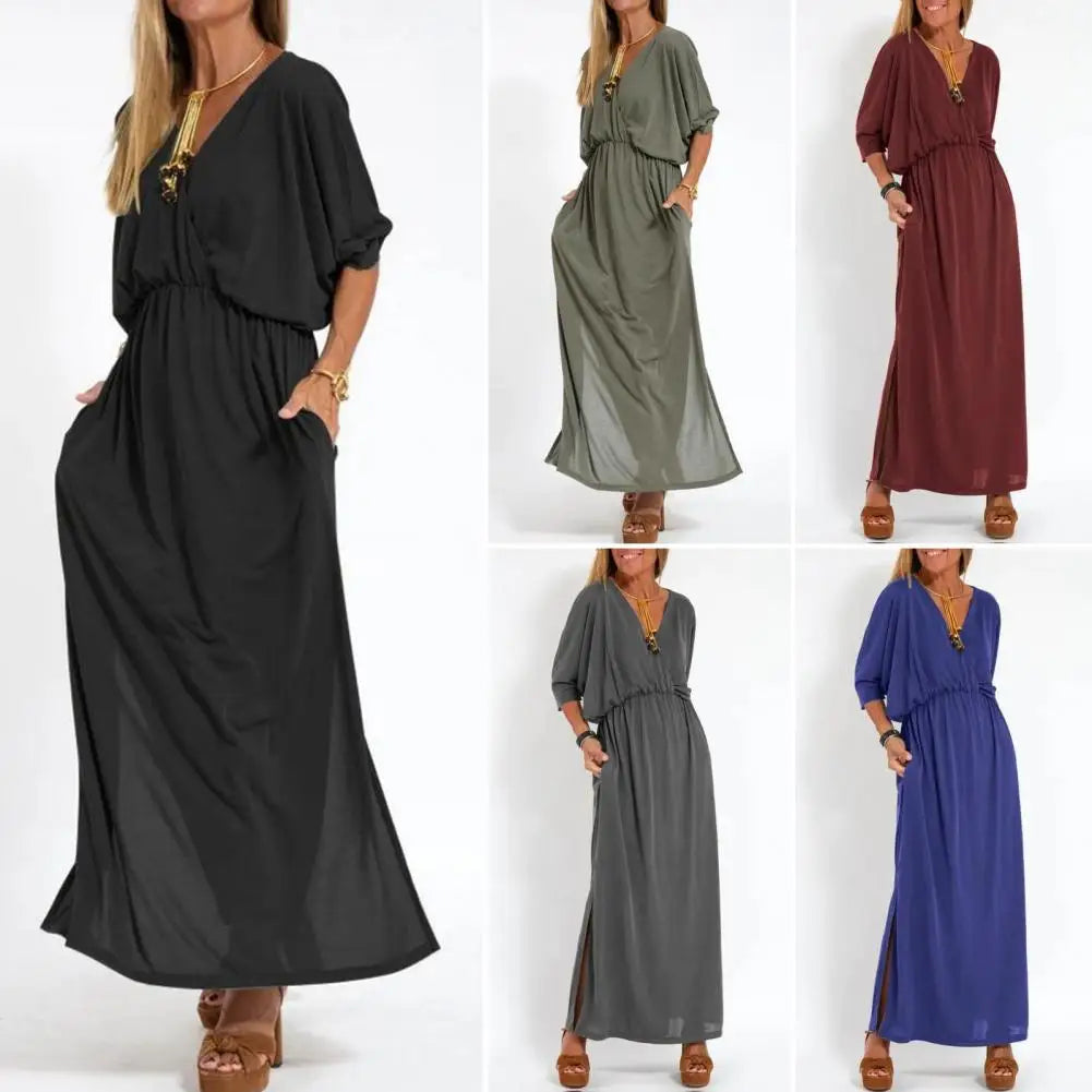 V-Neck Batwing Sleeve Elastic Waist Pocket Maxi Dress 12