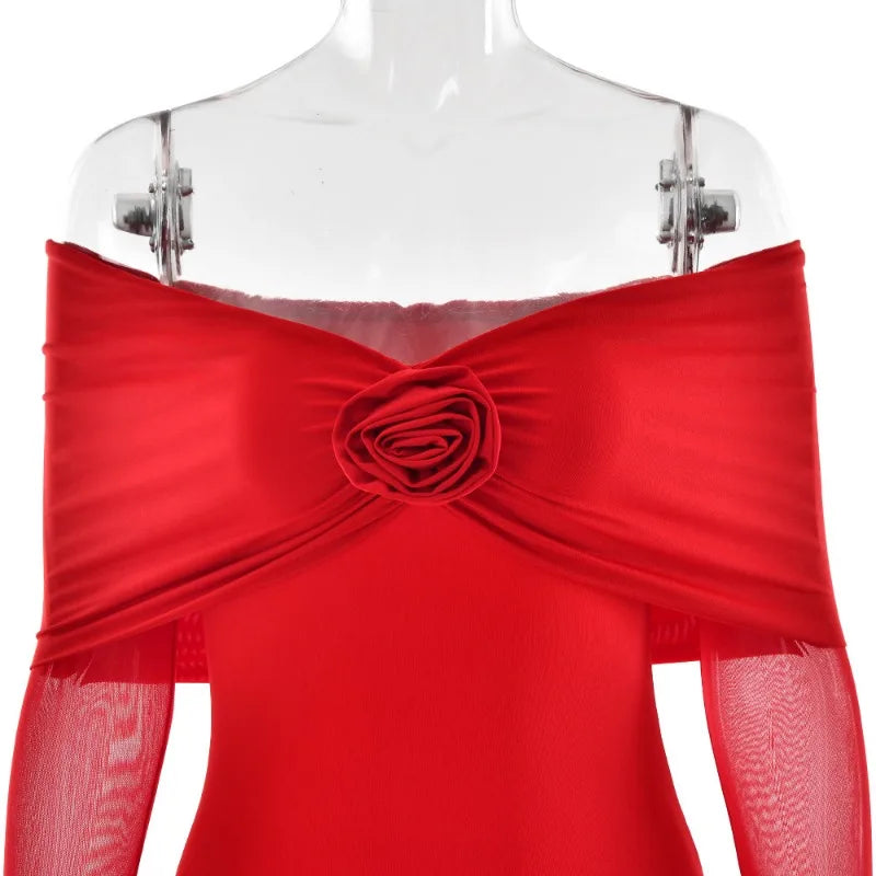 Off Shoulder Long Sleeve Rosette Mermaid Gown - View 16