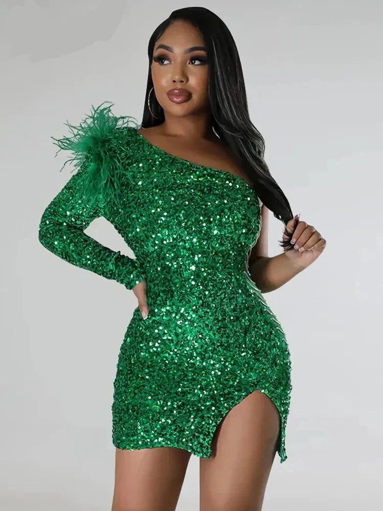 Sequin One Shoulder Feather Trim Chain Detail Mini Cocktail Dress - View 3