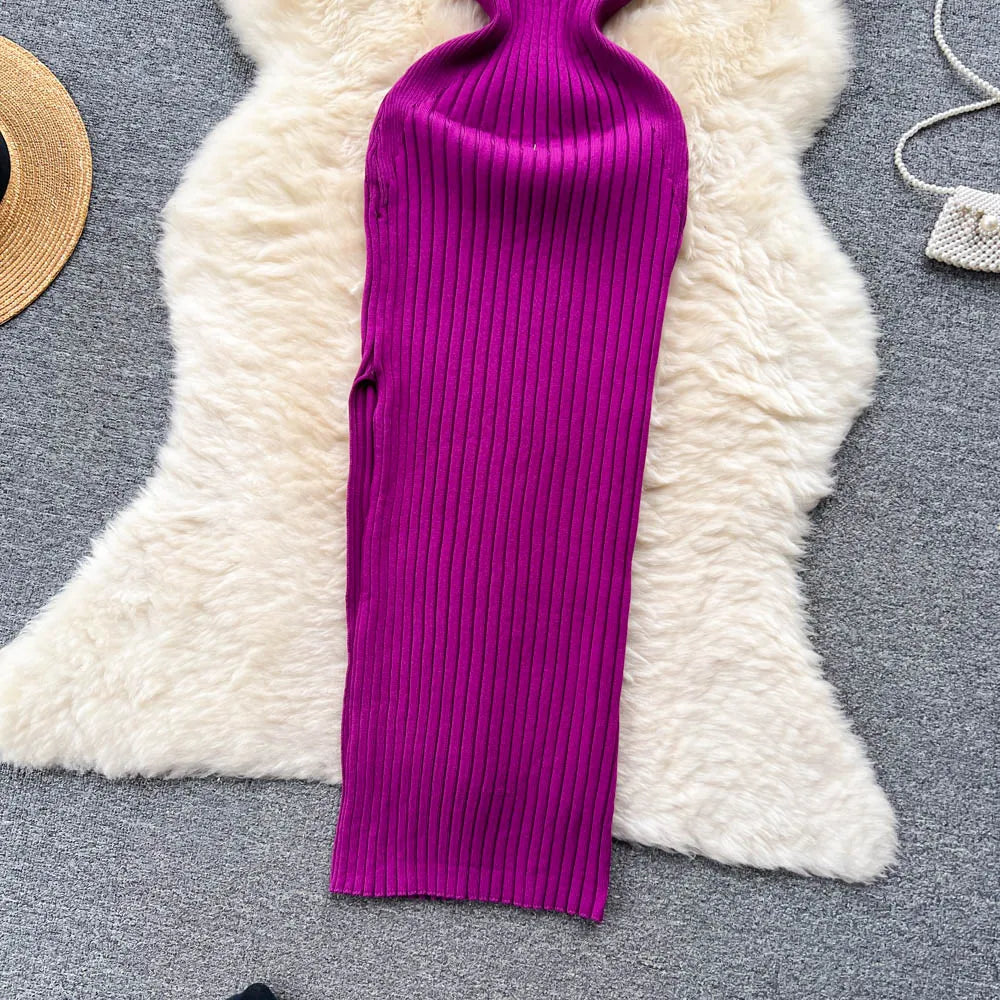 Ribbed Knit V-Neck Sleeveless Cut Out High Split Bodycon Maxi Dress - View 10