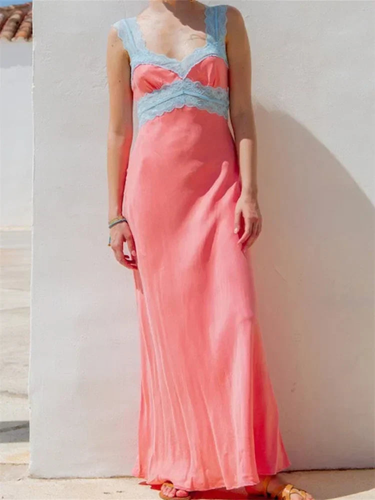 Patchwork Backless Deep V-Neck Lace Dress