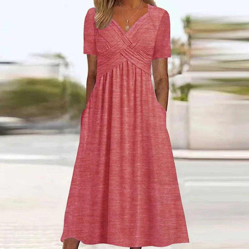 V-Neck Short Sleeve Surplice Wrap Pleated Pocket Maxi Dress