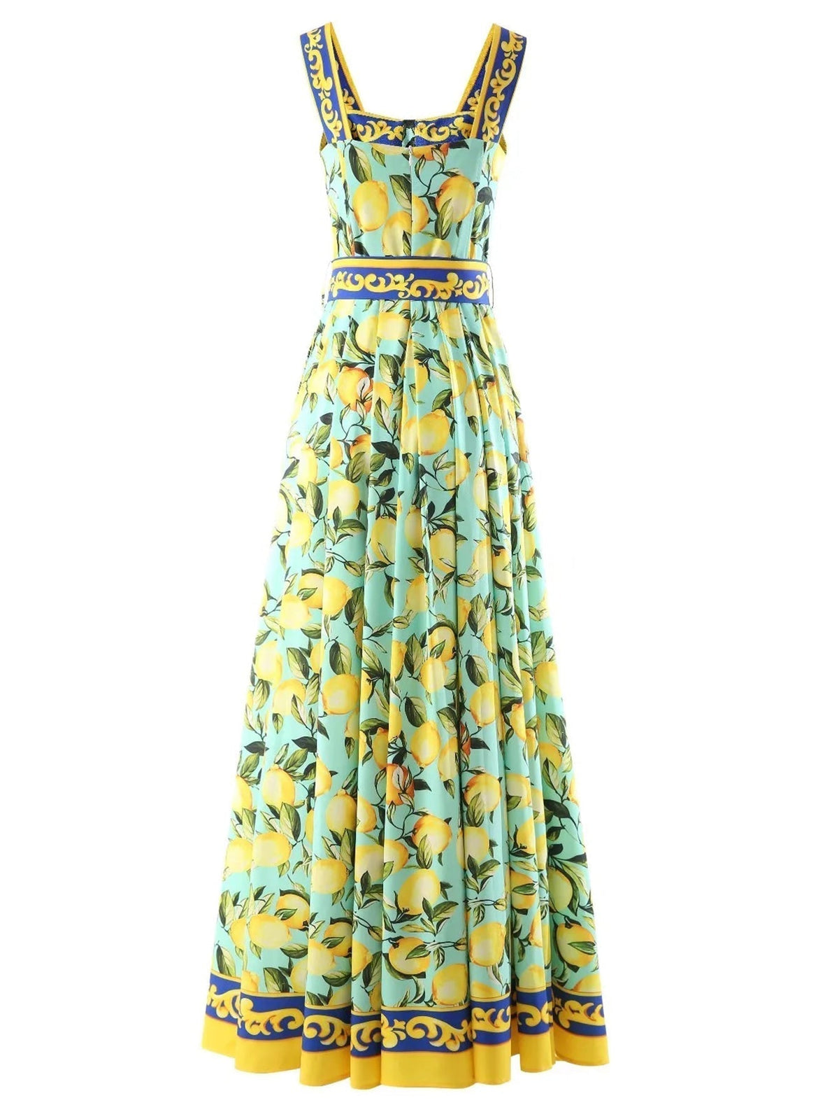 Lemon Print Square Neck Belted A-Line Maxi Dress 8