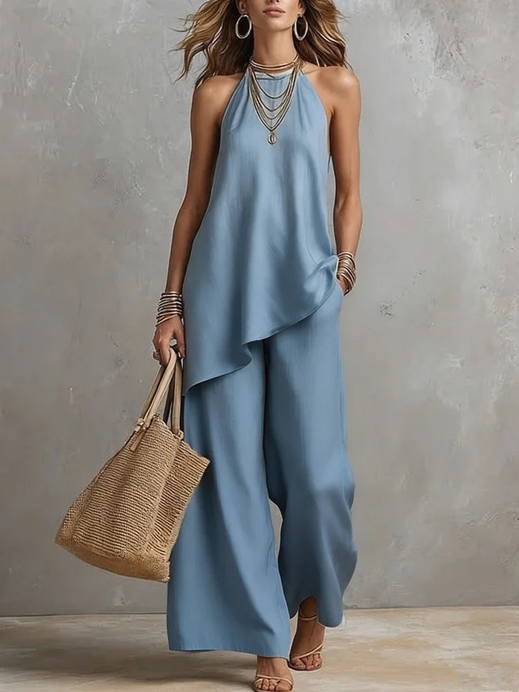 Halter Neck Asymmetric Hem Top and Wide Leg Pants Two Piece Set 2