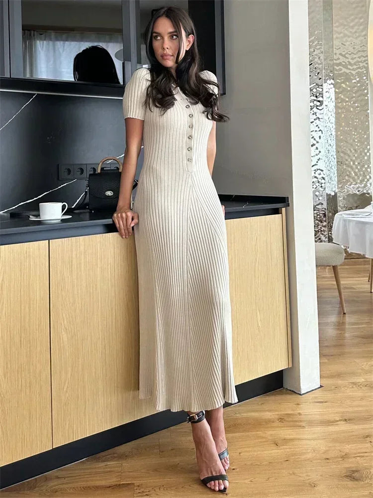 Ribbed Knit Polo Collar Contrast Piped Trim Bodycon Midi Dress - View 4