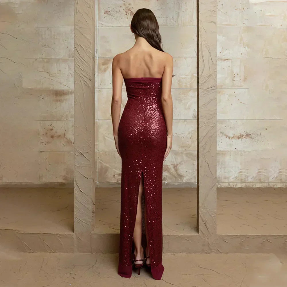 Strapless Sequin Slit Backless Dress - View 6