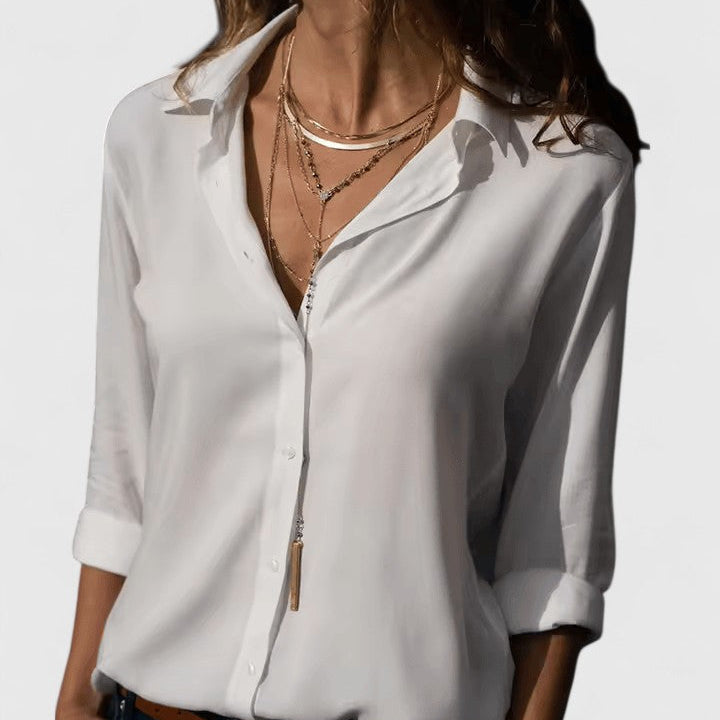 Collared Button Front Long Sleeve Satin Blouse