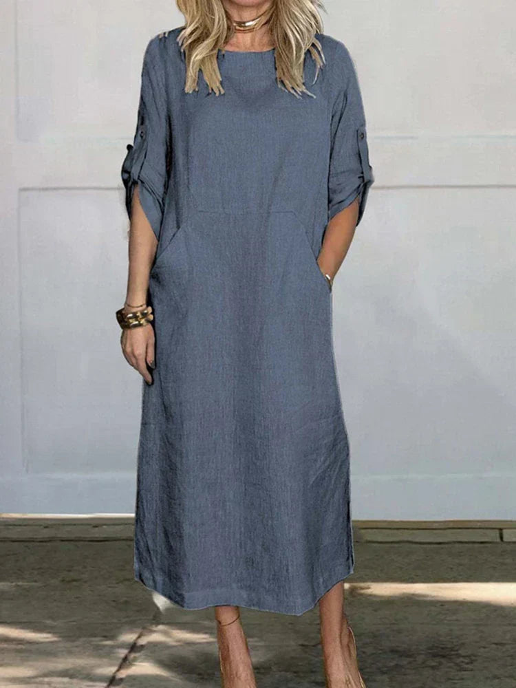 Crew Neck Short Sleeve Rolled Tab Pocket Shift Midi Summer Dress - View 5