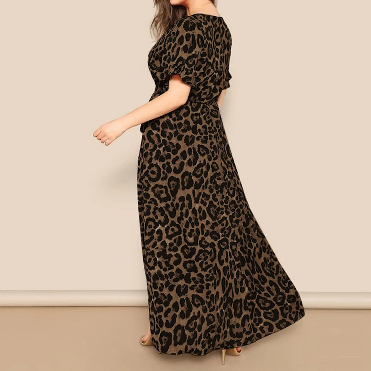 Leopard Deep V-Neck Short Sleeve Wrap A-Line Maxi Dress - View 2