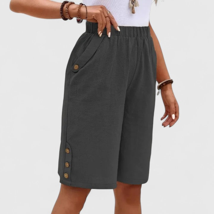 High Waist Side Button Knee Length Shorts 3